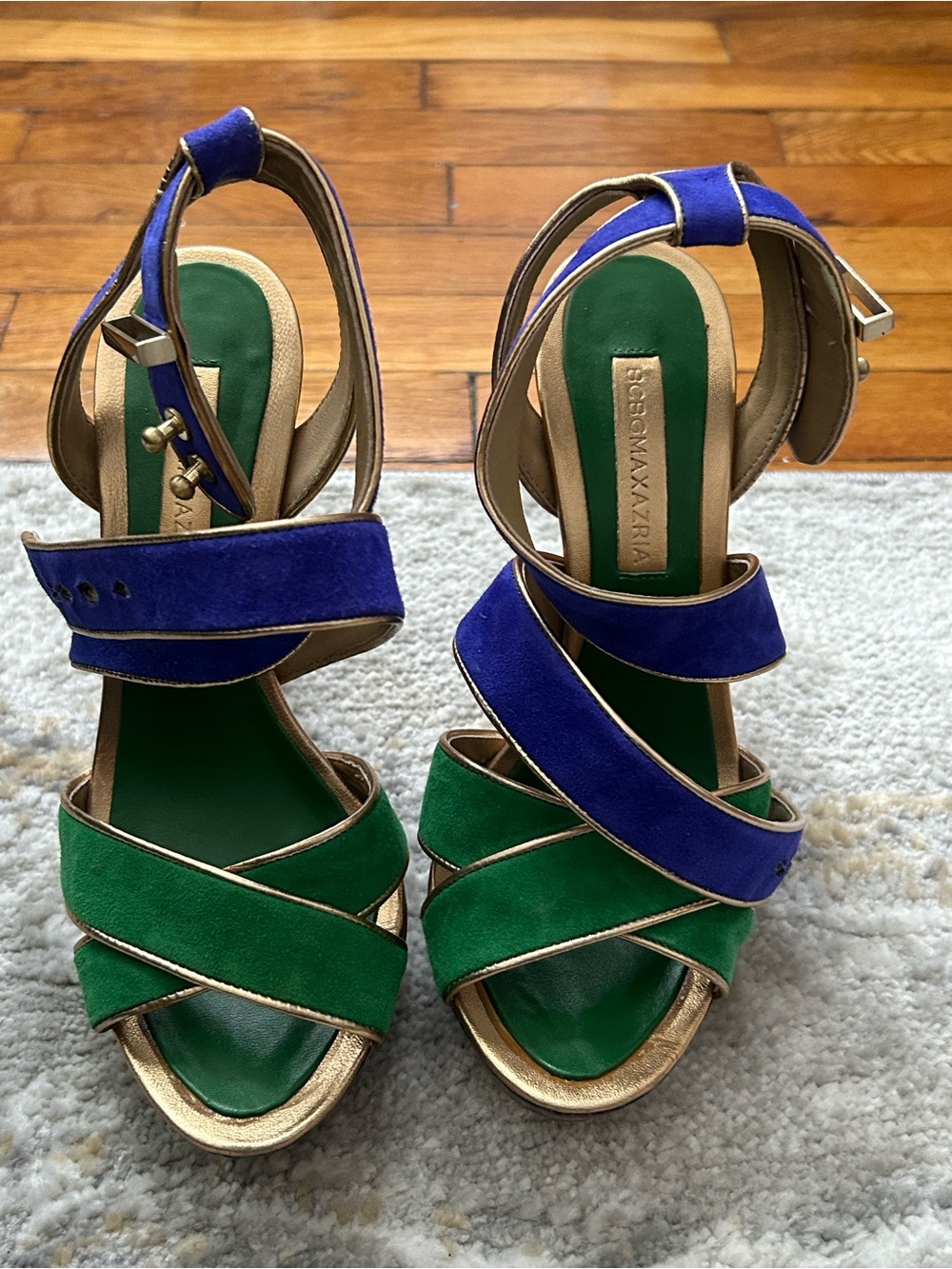 BCBGMaxAzria Green and Blue Suede Crisscross Heeled Sandals/ Fun heels!
